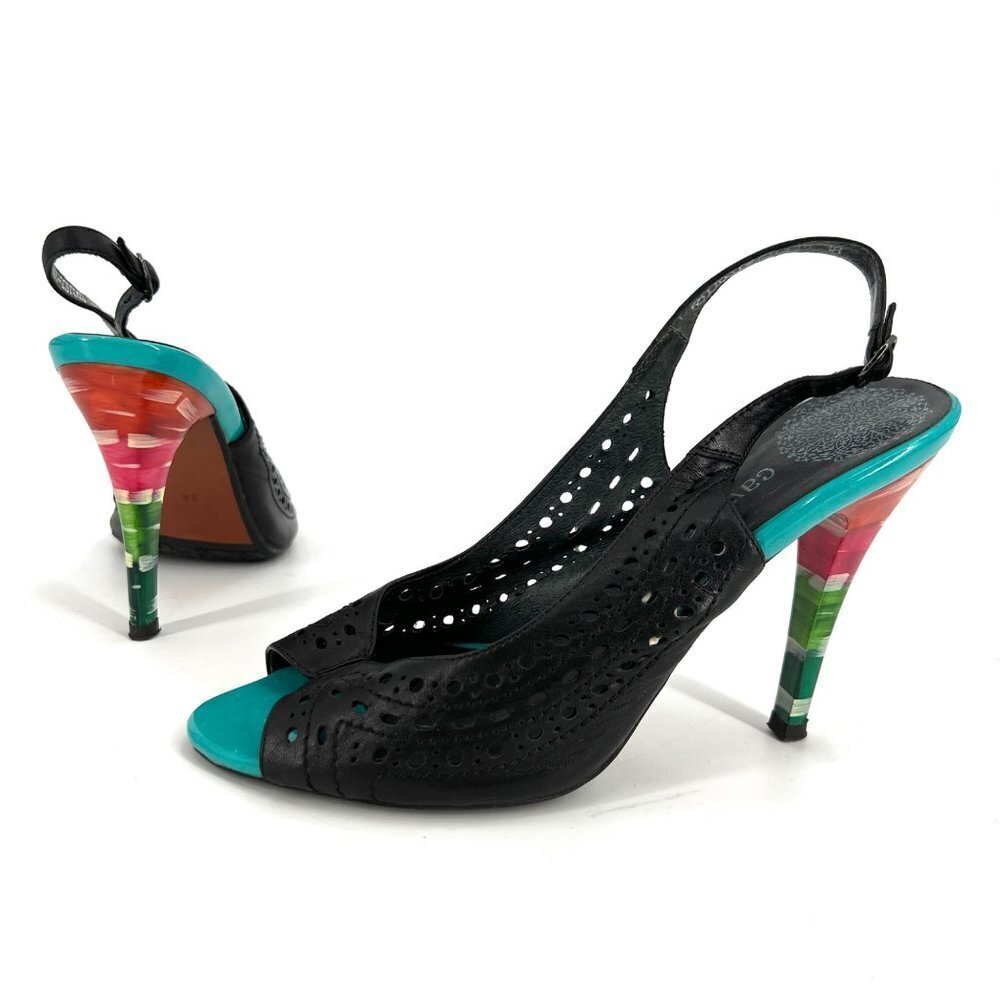 Cavaletto Perforated Black Leather Slingback Heels with Resin Stacked‎ Rainbow